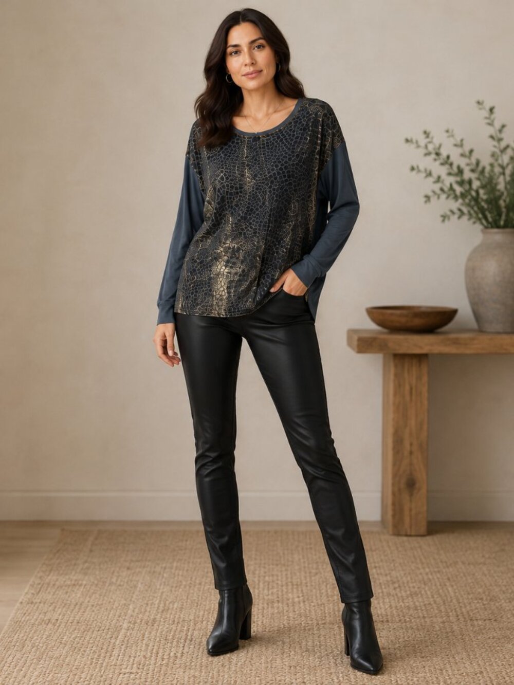 Hale Bob Silk Metallic Croc Print Oversized Top M NWT
